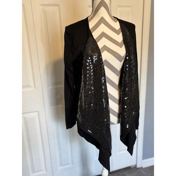 Boston Proper Open Black Sequins Cardigan Sweater Medium Dressy Fancy Special - Picture 2 of 6